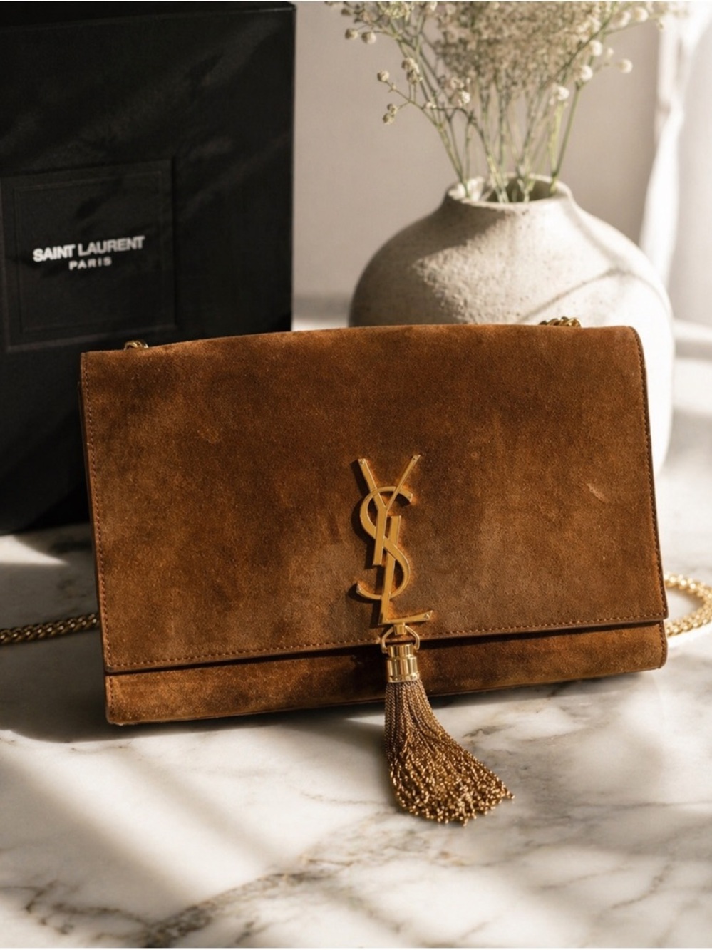 Saint Laurent Brown Suede Tassel Shoulder Bag